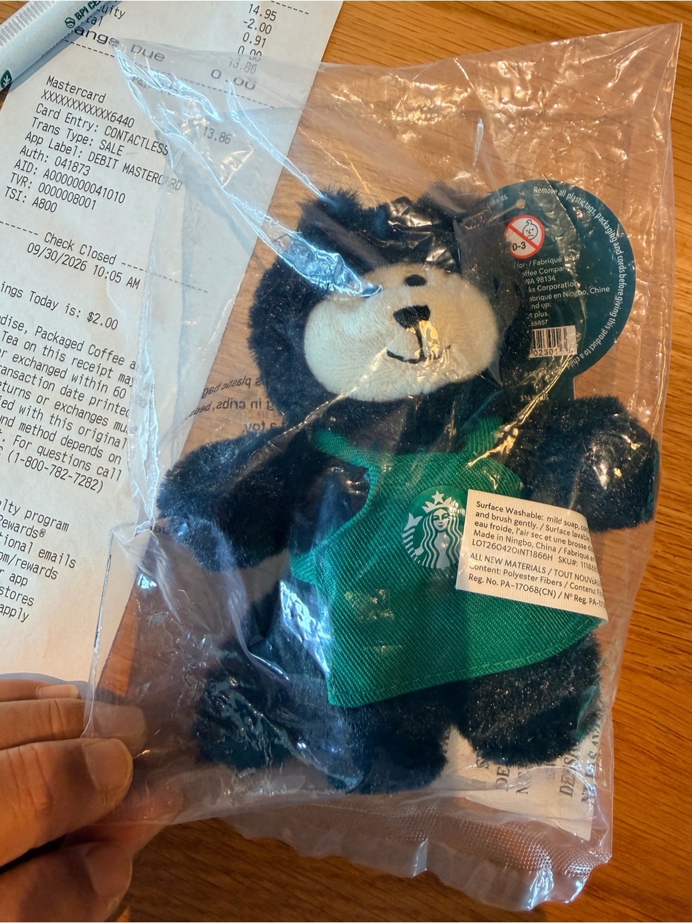 Starbucks Black Plush Bear with Green Apron
